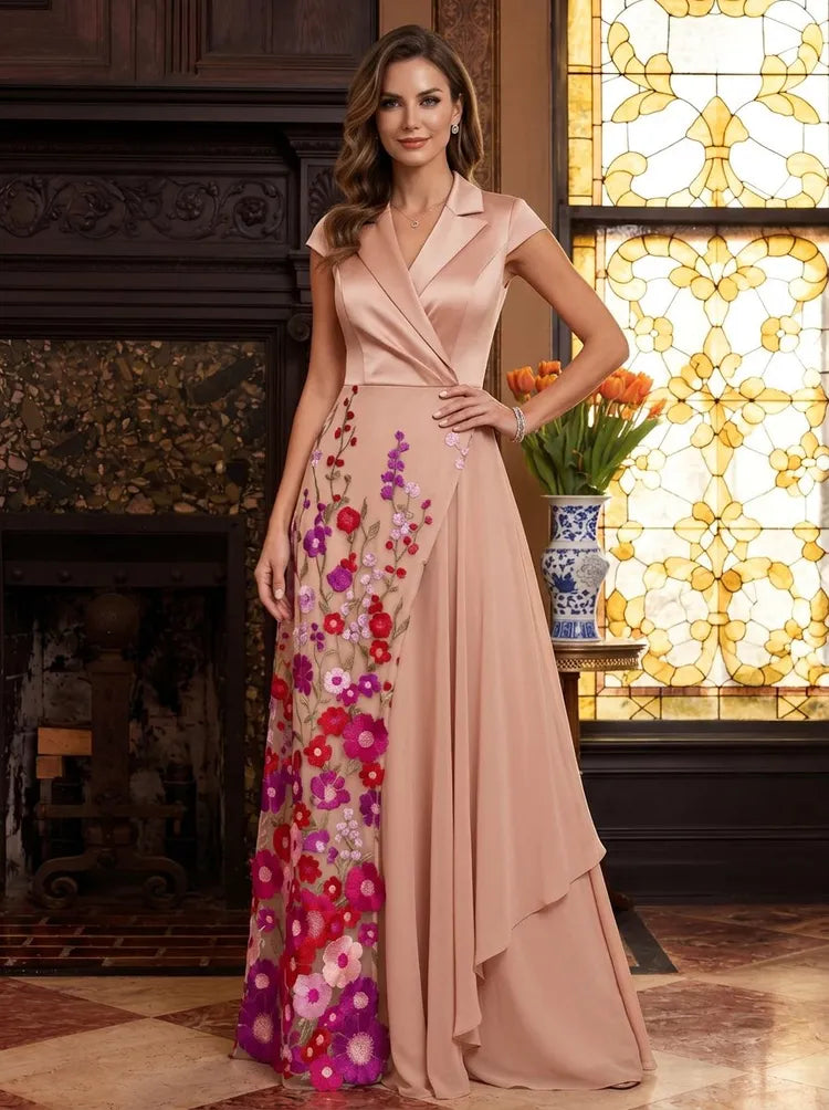 Loverlm blush pink Mother of the Bride dress with lapel V-neck floral appliqué side drape and floor-length A-line skirt