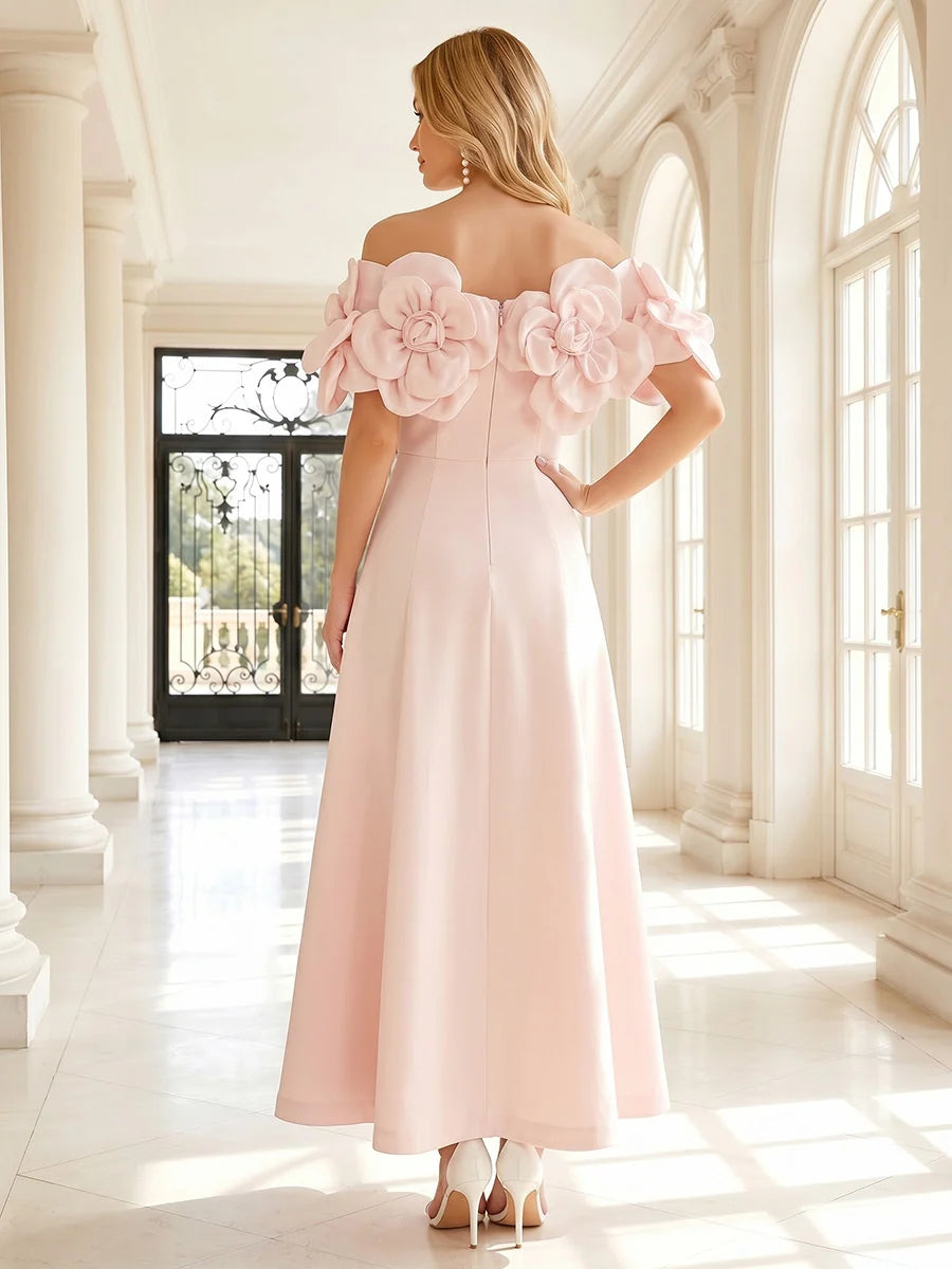 Elegant A Line Off Shoulder Floral Satin Midi Wedding Guest Dress