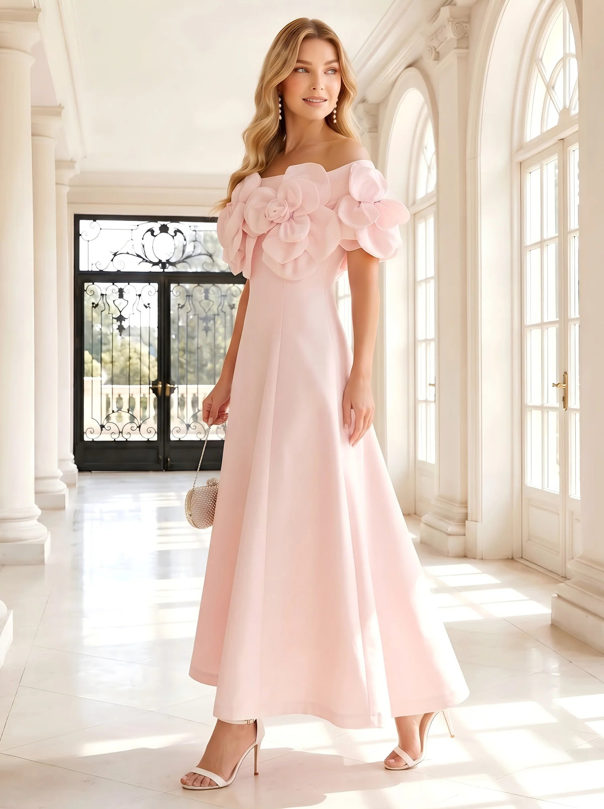 Elegant A Line Off Shoulder Floral Satin Midi Wedding Guest Dress