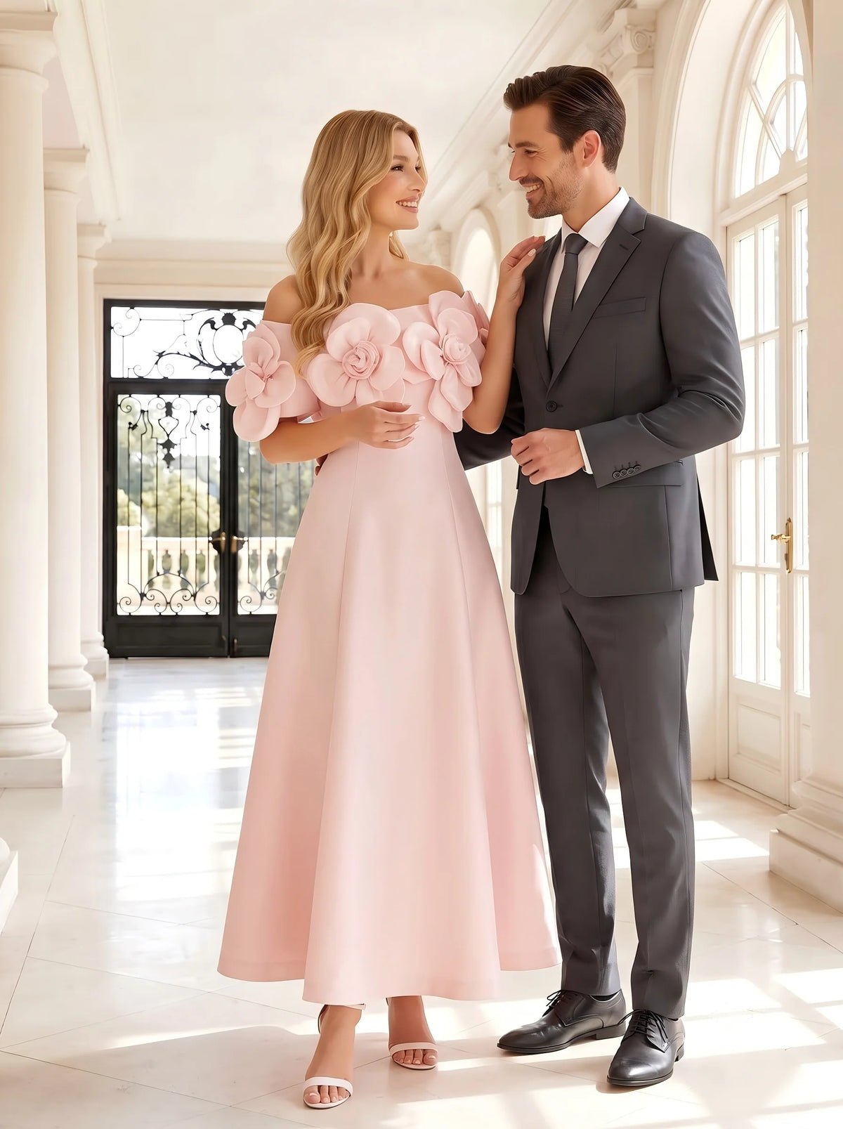 Elegant A Line Off Shoulder Floral Satin Midi Wedding Guest Dress