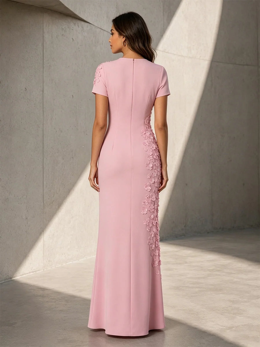 Elegant Sheath Round Neck Short Sleeve Crepe Floor Length Evening Dress