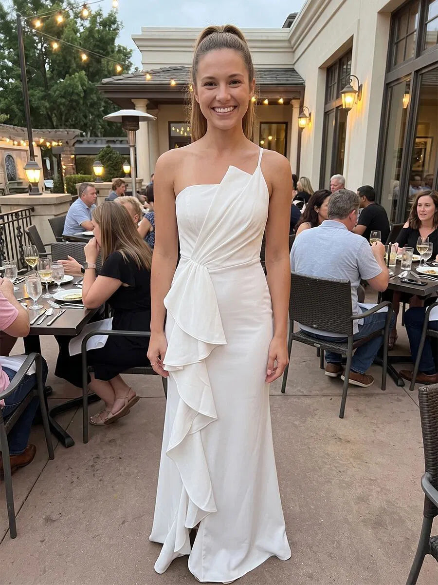 Romantic Sheath Asymmetric Neck Sleeveless Crepe Floor-Length Wedding Guest Dress