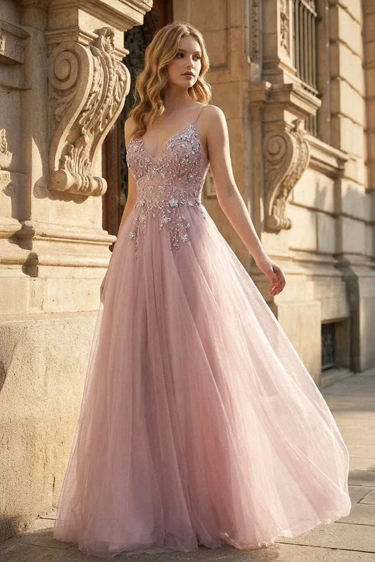 Romantic A-Line V-Neck Sleeveless Deep-V Back Tulle Floor-Length Prom Dress