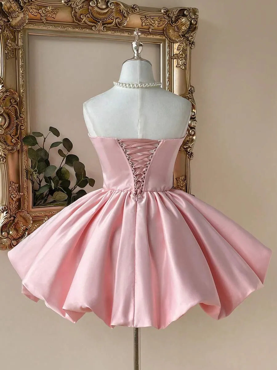 Sweet A-Line Straight Strapless Lace-Up Back Bow Mini Homecoming Dress