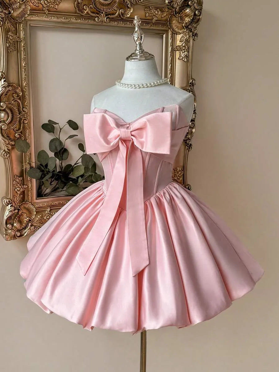 Sweet A-Line Straight Strapless Lace-Up Back Bow Mini Homecoming Dress