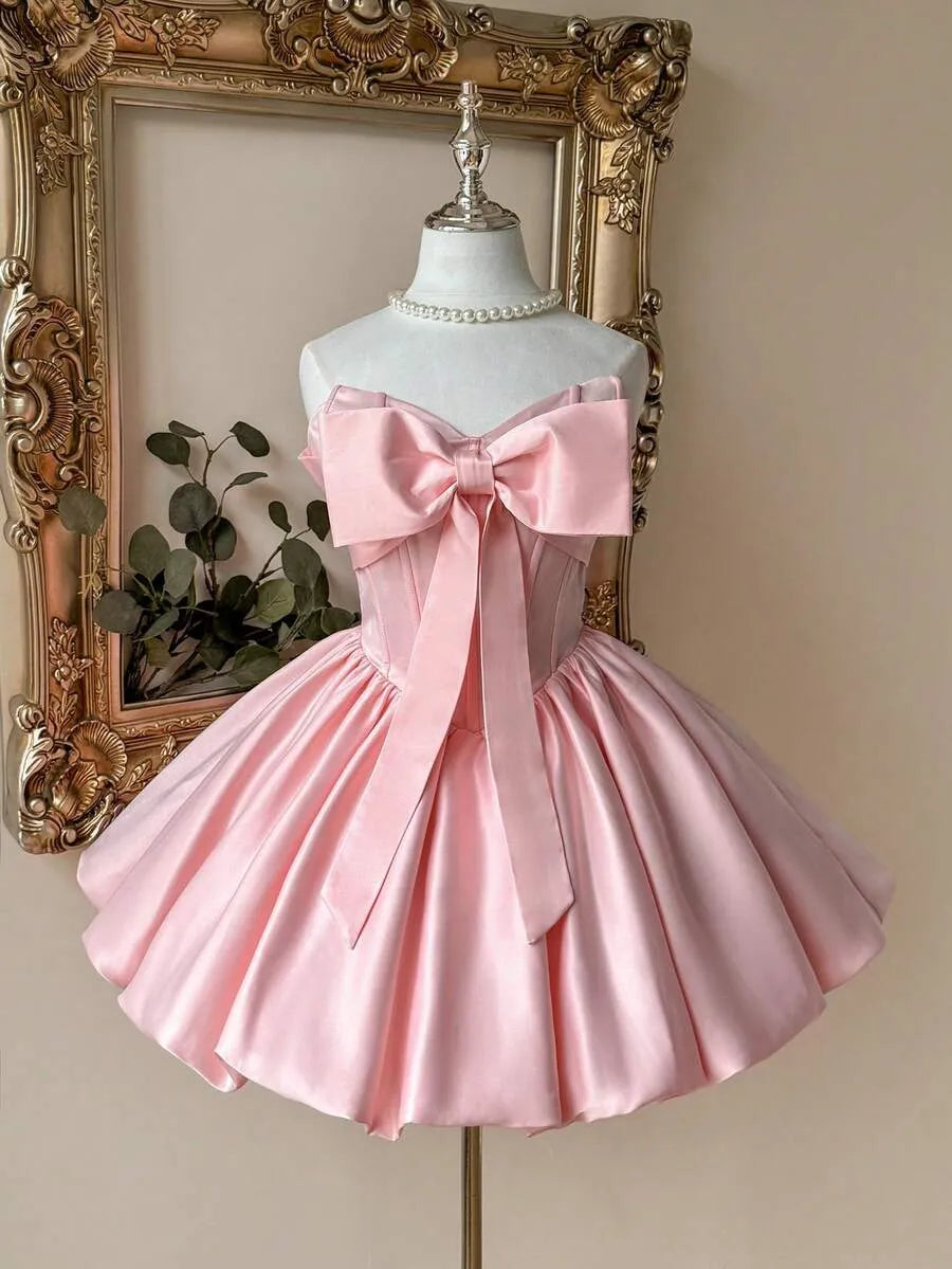 Sweet A-Line Straight Strapless Lace-Up Back Bow Mini Homecoming Dress