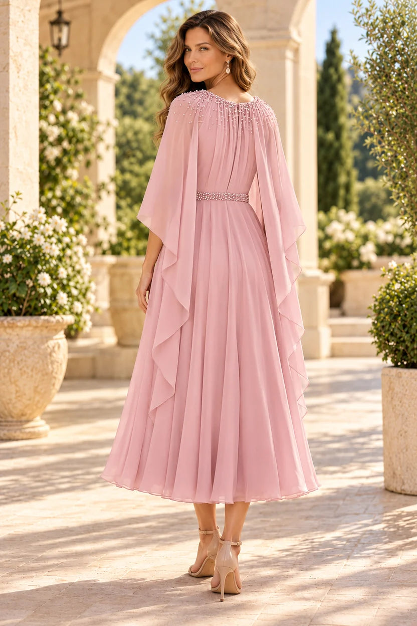 Romantic A-Line V-Neck Cape Sleeve Chiffon Mother of the Bride Dress