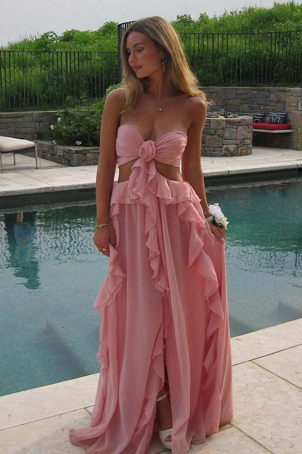 Loverlm blush pink chiffon prom dress with sweetheart bodice cutouts and ruffle skirt
