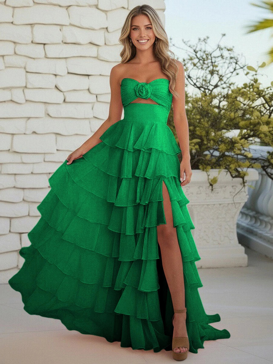 Romantic Chiffon A-Line Sweetheart Lace-Up Tiered Ruffle Prom Dress