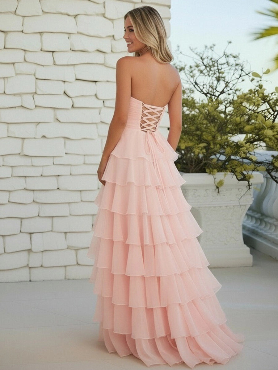 Romantic Chiffon A-Line Sweetheart Lace-Up Tiered Ruffle Prom Dress