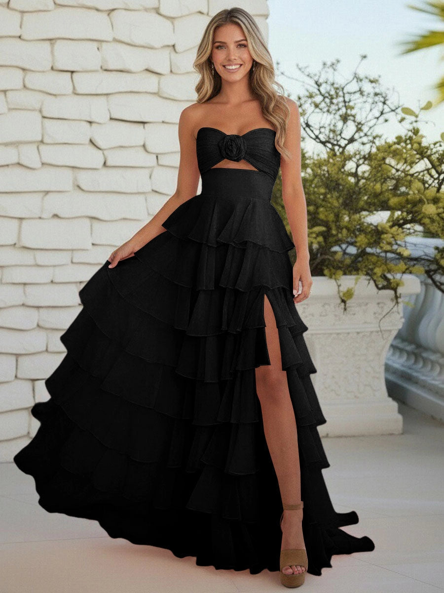 Romantic Chiffon A-Line Sweetheart Lace-Up Tiered Ruffle Prom Dress