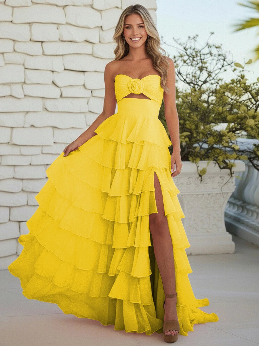 Romantic Chiffon A-Line Sweetheart Lace-Up Tiered Ruffle Prom Dress