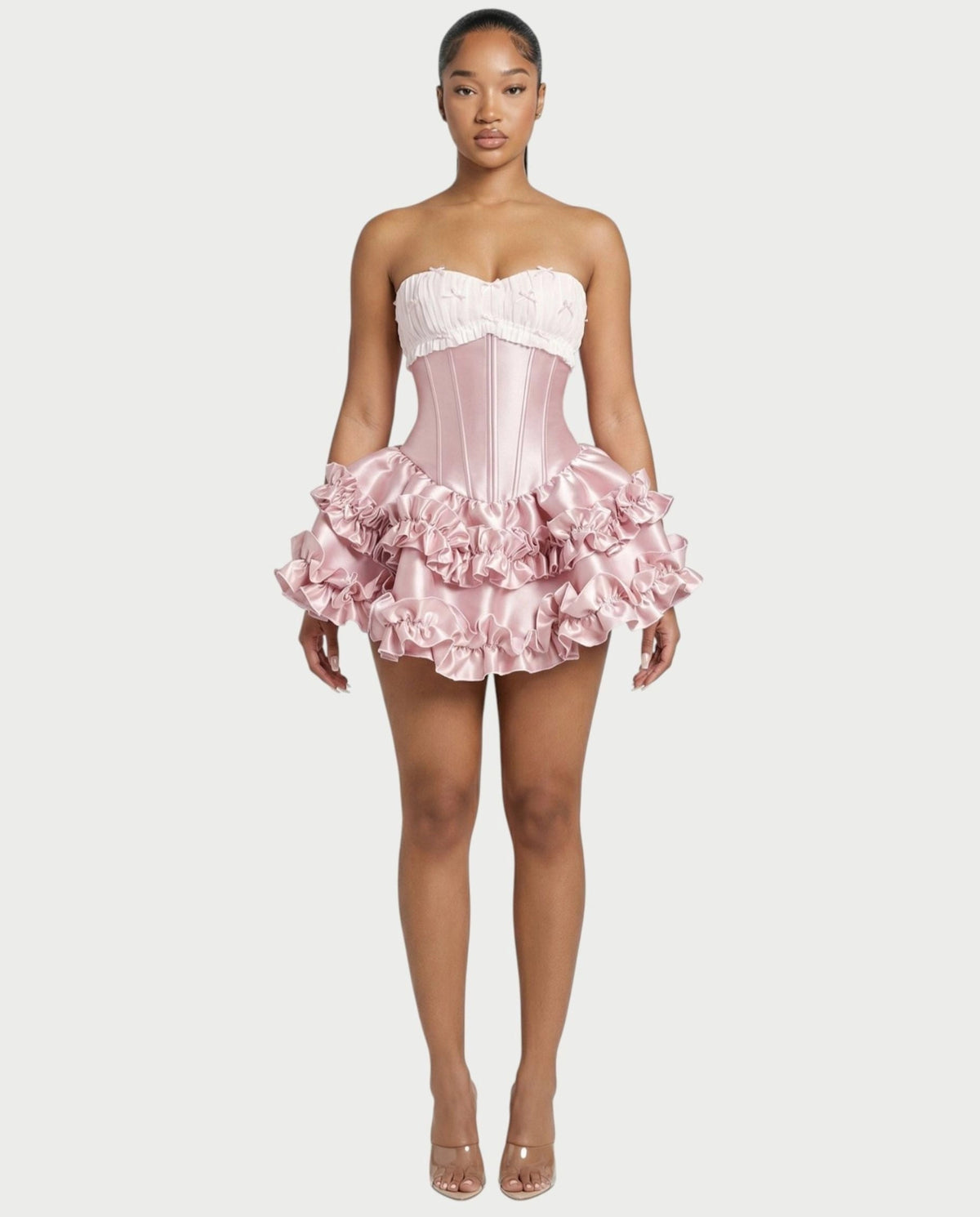 Loverlm blush pink mini Homecoming dress with strapless sweetheart corset bodice bow details and layered satin ruffle skirt