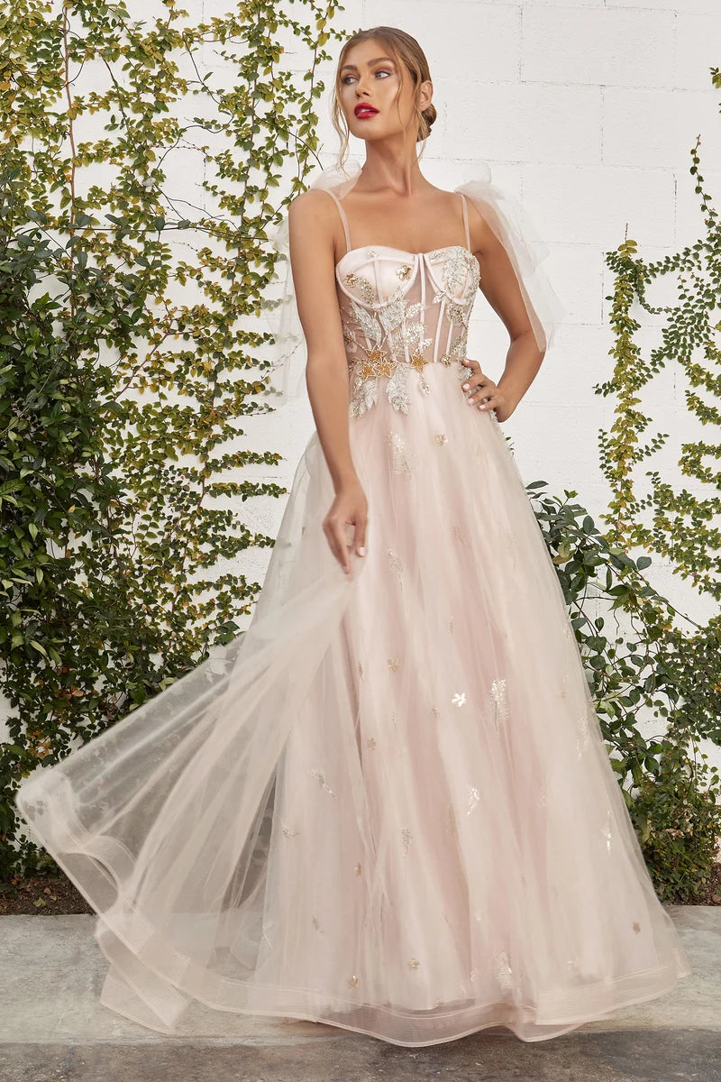 Loverlm blush pink A-line prom dress with corset bodice floral embellishments spaghetti straps and flowing tulle skirt