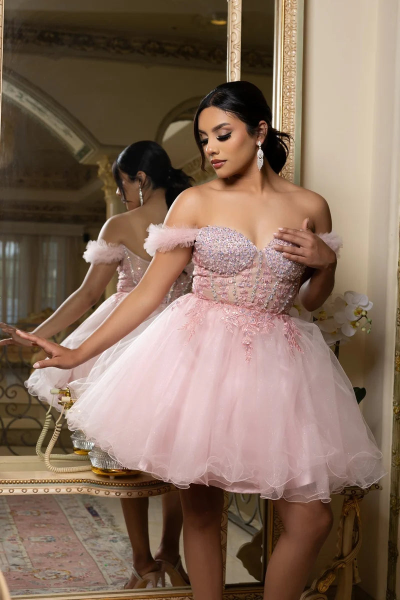 Loverlm blush pink embellished sweetheart tulle mini homecoming dress front view