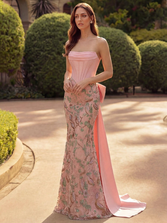 Front view of Loverlm blush pink embroidered lace evening dress with strapless satin corset bodice and bow train

