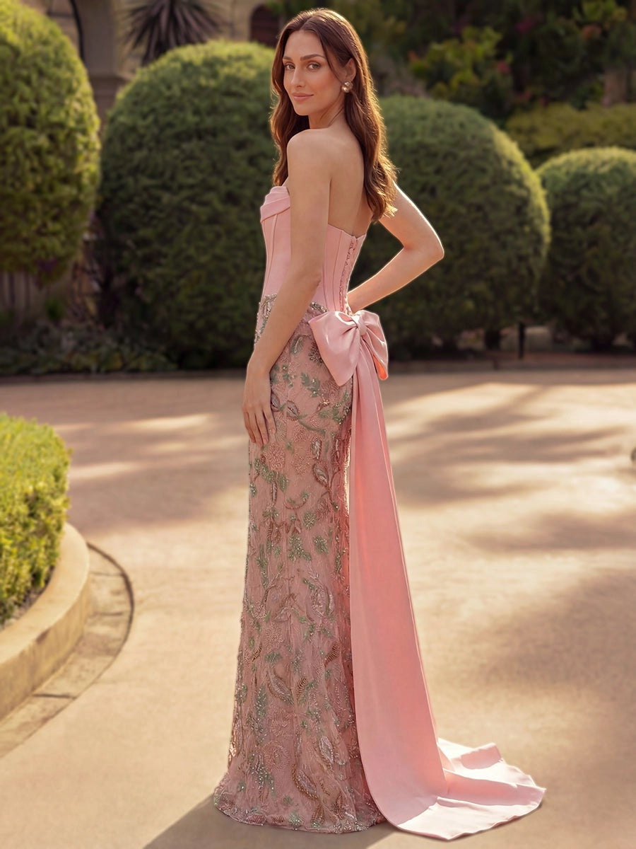 Elegant Embroidered Lace Sheath Straight-Neck Strapless Lace-Up Bow-Train Floor-Length Evening Dress
