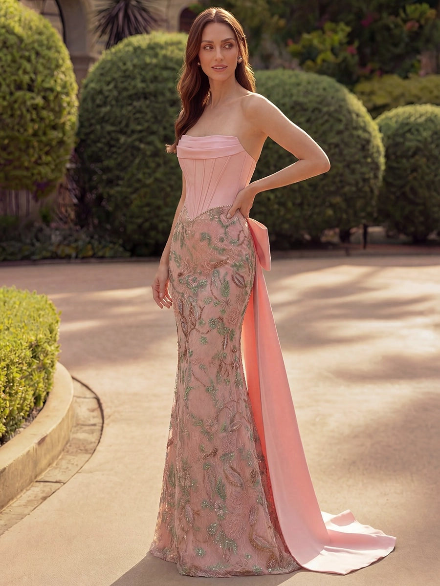 Elegant Embroidered Lace Sheath Straight-Neck Strapless Lace-Up Bow-Train Floor-Length Evening Dress