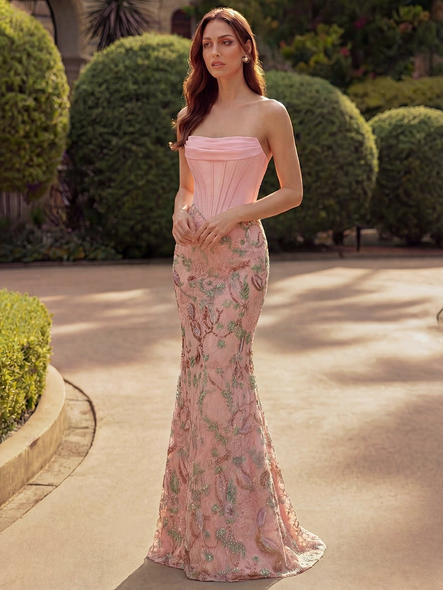 Elegant Embroidered Lace Sheath Straight-Neck Strapless Lace-Up Bow-Train Floor-Length Evening Dress