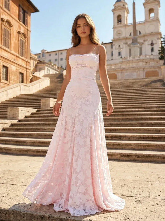 Loverlm blush pink floral A-line prom dress with cowl neckline and spaghetti straps front view