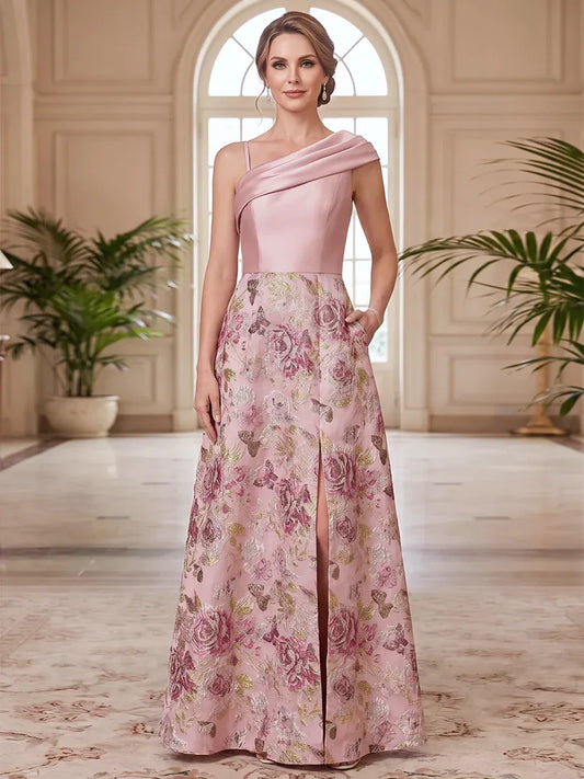 Loverlm blush pink floral Mother of the Bride dress with asymmetric one-shoulder neckline, fitted bodice, front slit and floor-length A-line skirt