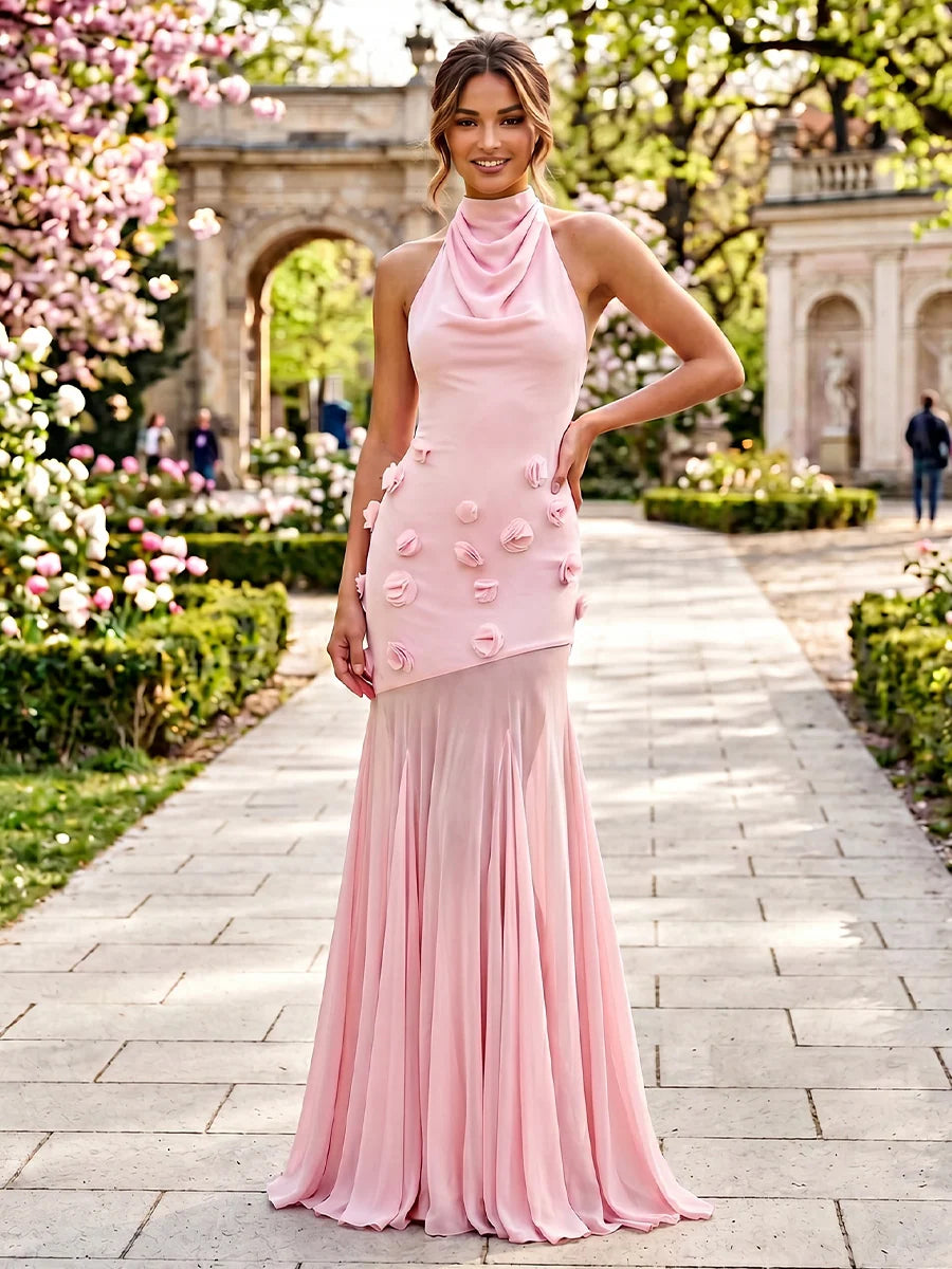 Blush Pink Floral Halter Mermaid Evening Dress | Loverlm