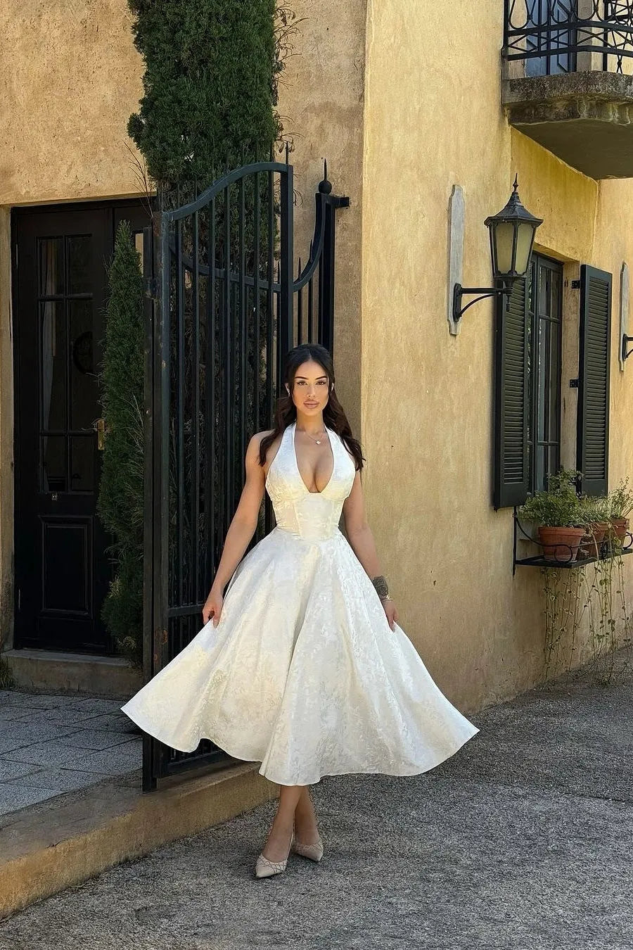 Romantic Jacquard A-Line Halter Sleeveless Open-Back Flared Midi Wedding Guest Dress