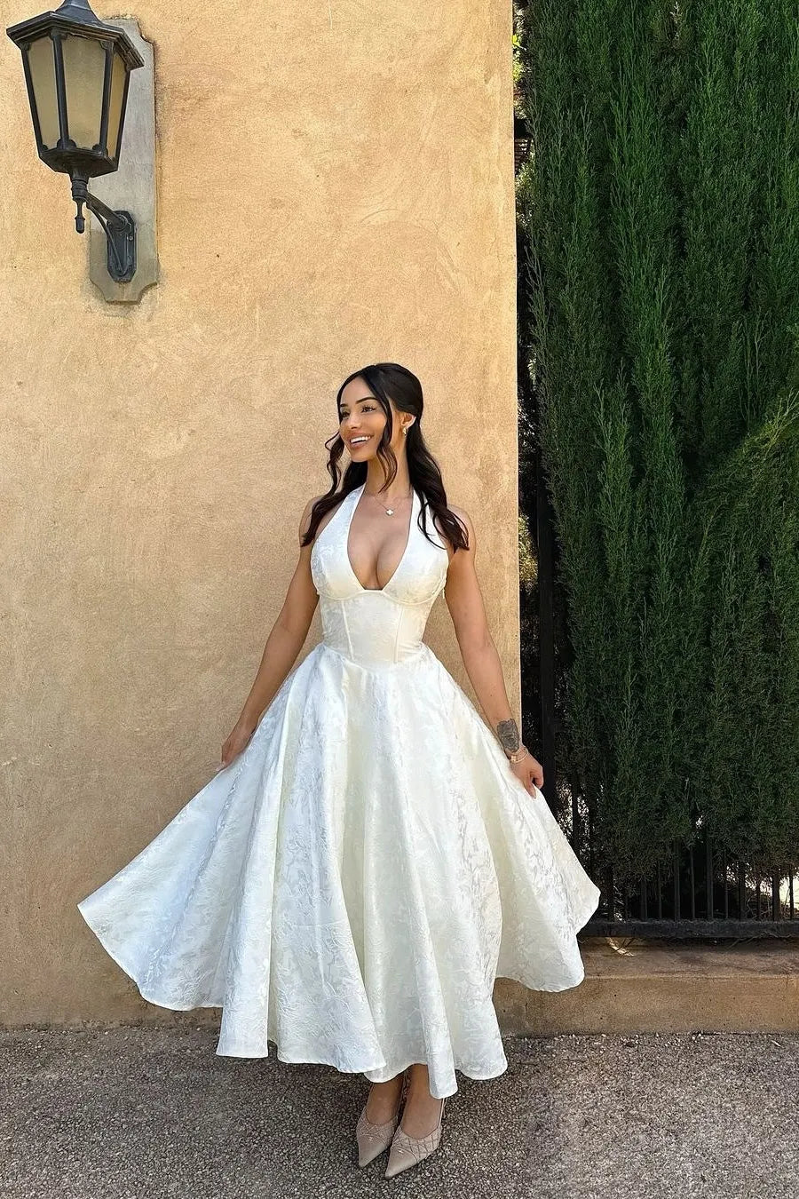 Romantic Jacquard A-Line Halter Sleeveless Open-Back Flared Midi Wedding Guest Dress