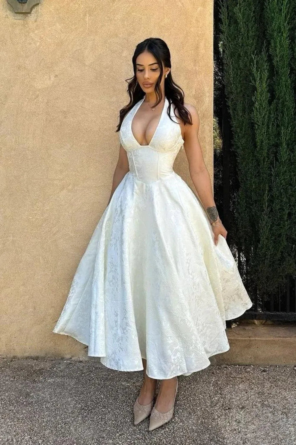 Romantic Jacquard A-Line Halter Sleeveless Open-Back Flared Midi Wedding Guest Dress