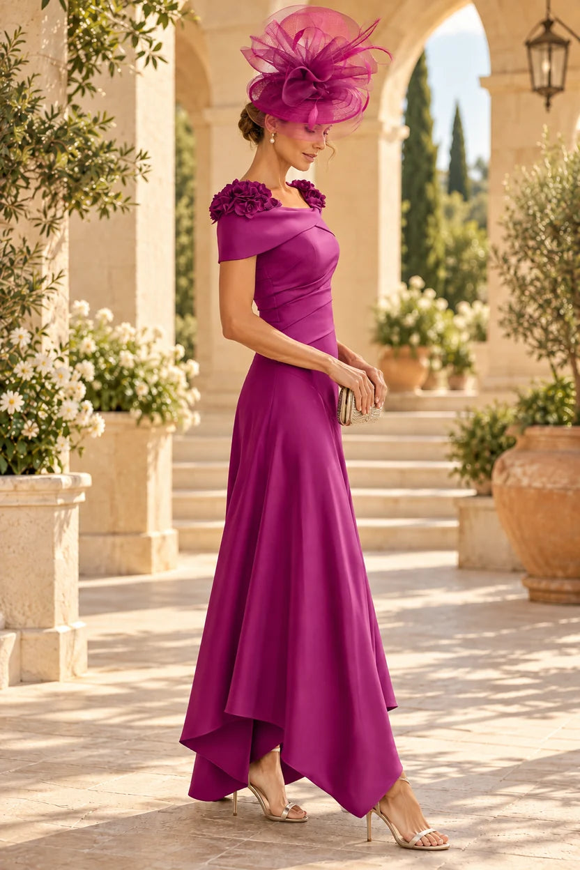 Elegant A-Line Off-Shoulder Short Sleeve Crepe High-Low Mother of the Bride Dress