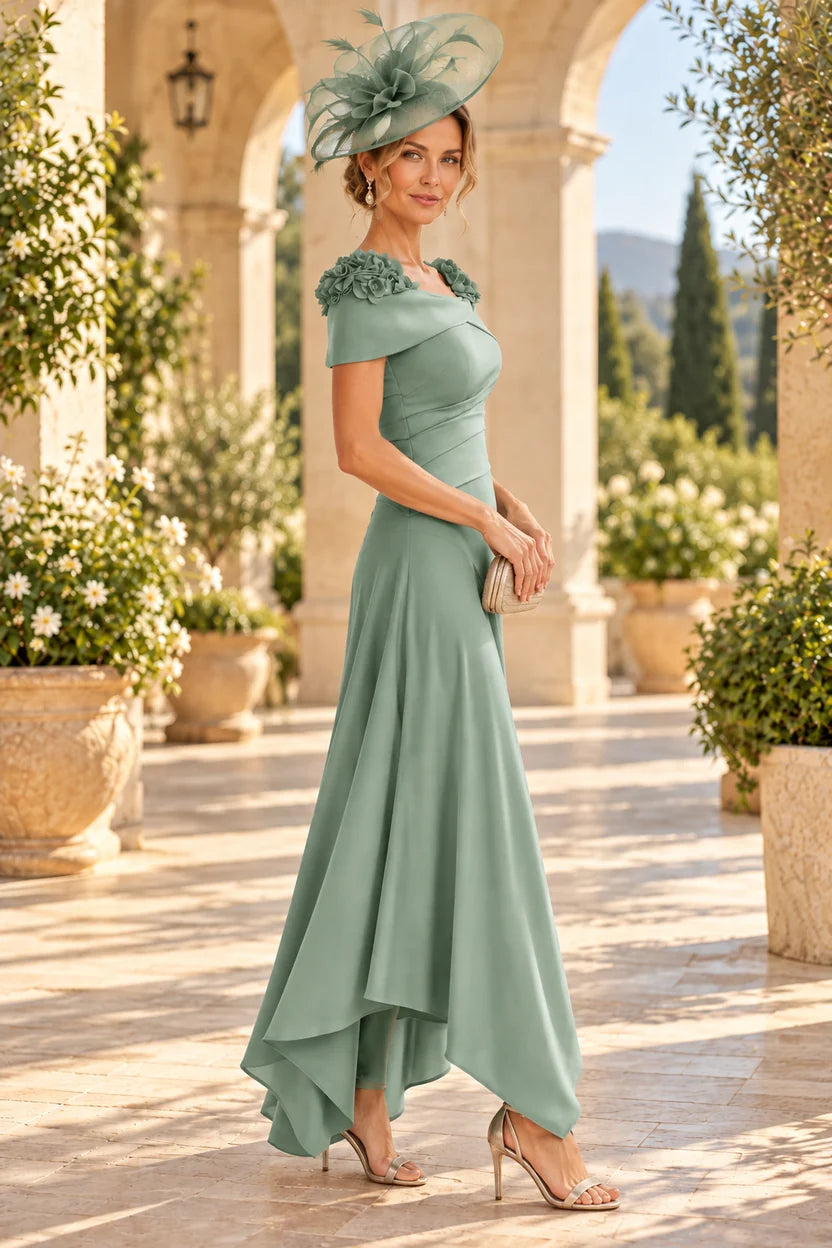 Elegant A-Line Off-Shoulder Short Sleeve Crepe High-Low Mother of the Bride Dress