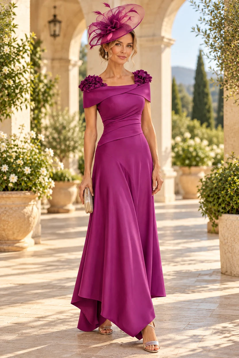 Elegant A-Line Off-Shoulder Short Sleeve Crepe High-Low Mother of the Bride Dress