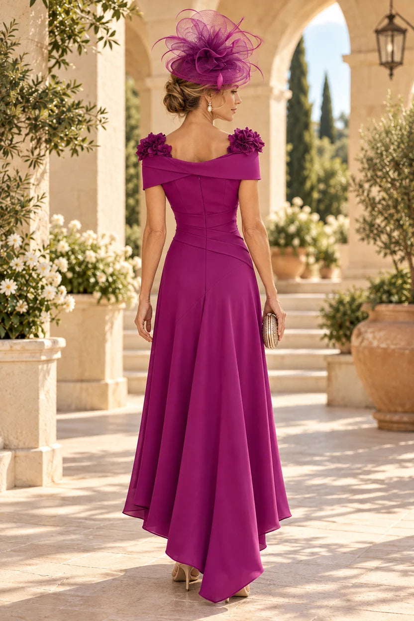 Elegant A-Line Off-Shoulder Short Sleeve Crepe High-Low Mother of the Bride Dress