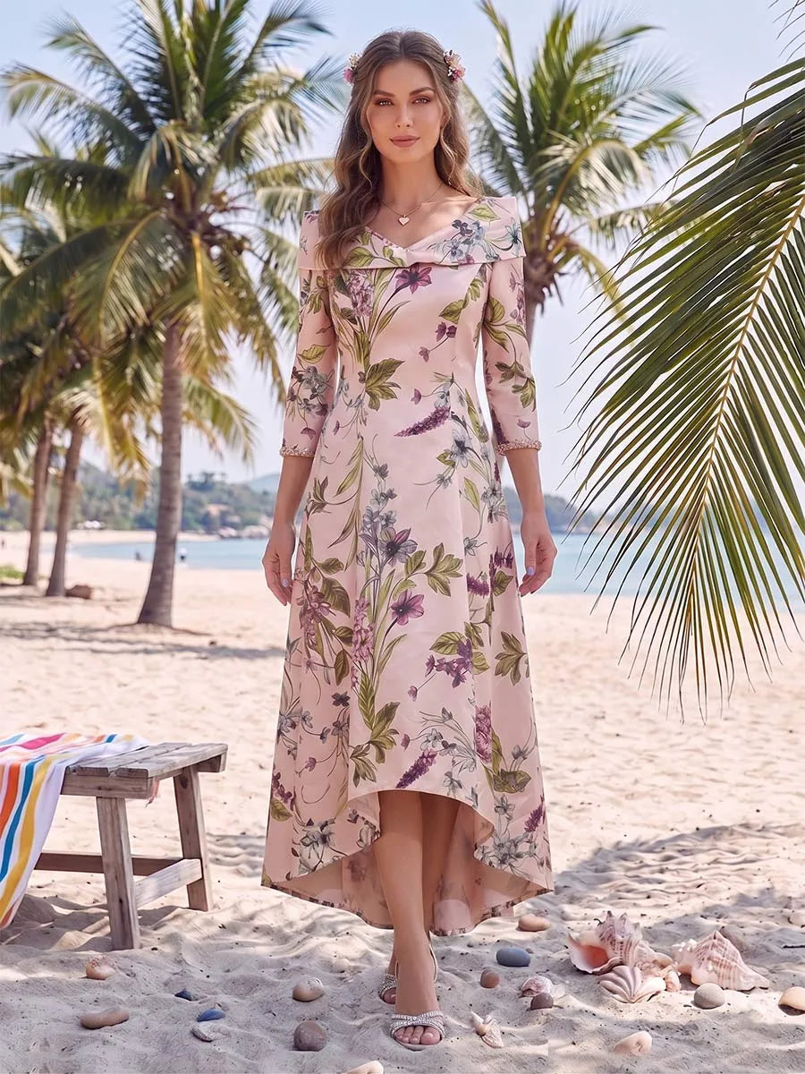 Loverlm blush pink floral wedding guest dress front view with off shoulder neckline, three quarter sleeves and high-low A-line skirt