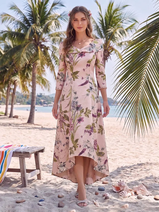 Loverlm blush pink floral wedding guest dress front view with off shoulder neckline, three quarter sleeves and high-low A-line skirt