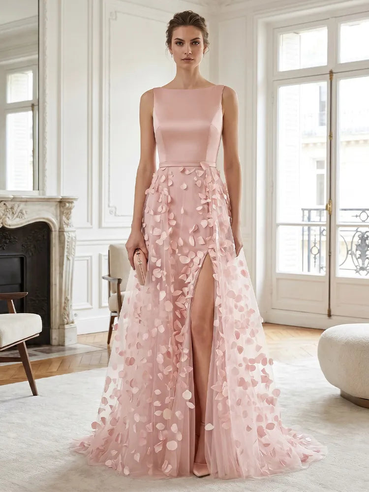 Loverlm blush pink floral petal A-line floor length wedding guest dress front view