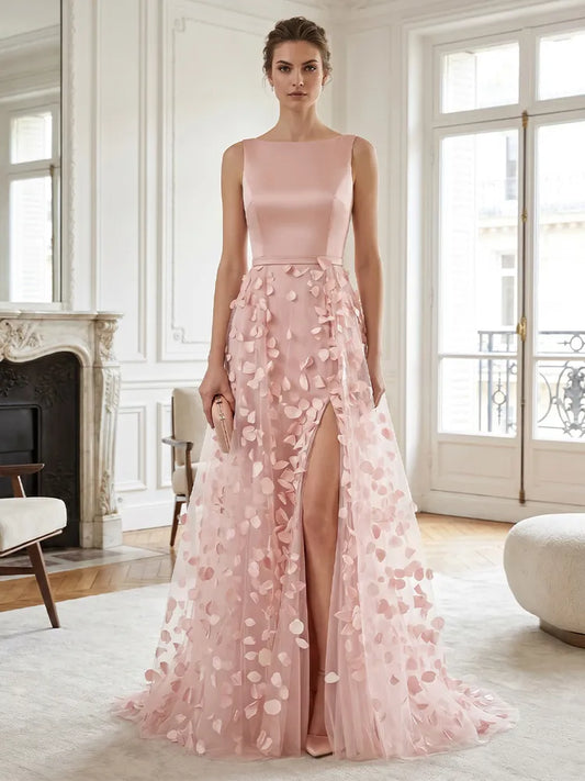 Loverlm blush pink floral petal A-line floor length wedding guest dress front view