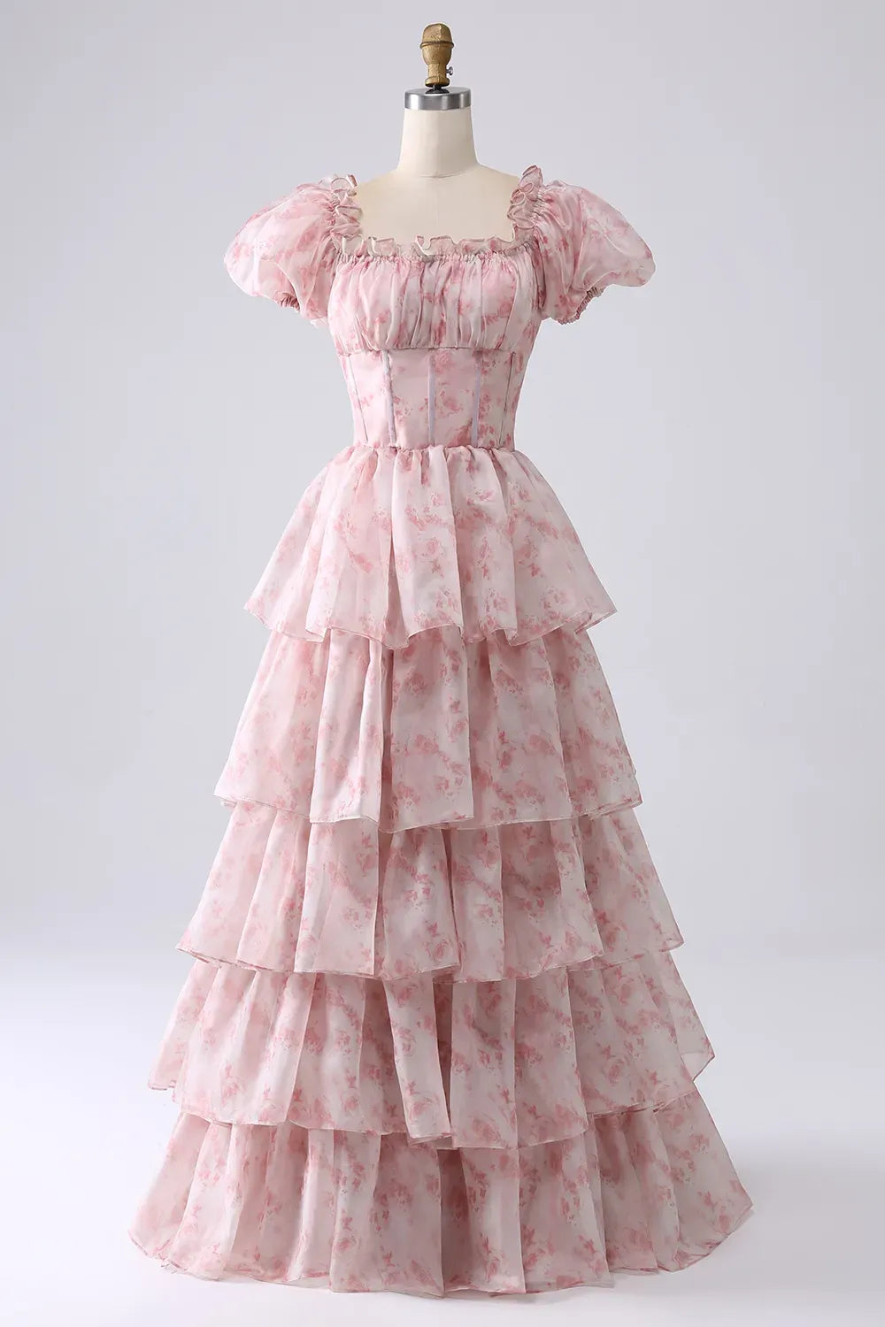 Romantic A-Line Square Neck Puff Sleeve Closed Back Floor Length Prom Dress