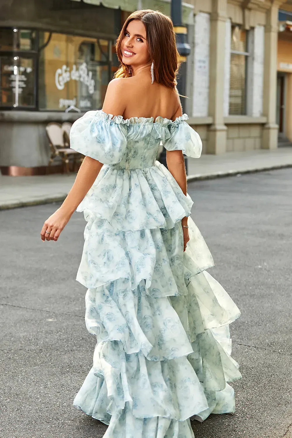 Romantic A-Line Square Neck Puff Sleeve Closed Back Floor Length Prom Dress