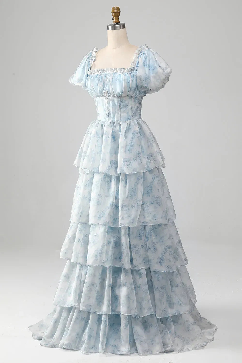 Romantic A-Line Square Neck Puff Sleeve Closed Back Floor Length Prom Dress