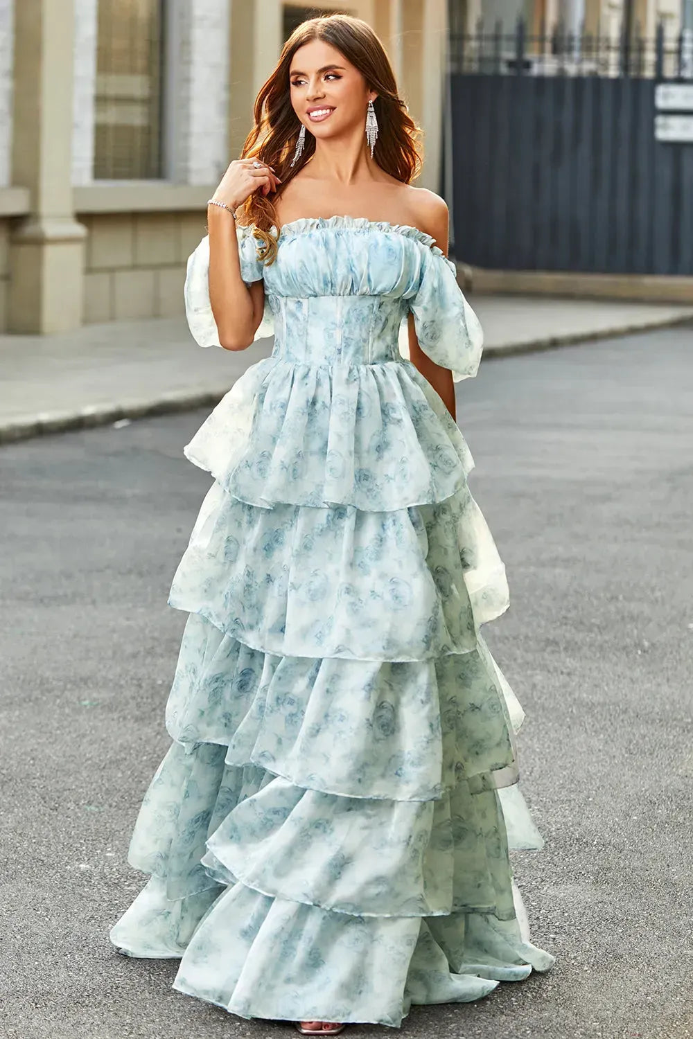 Romantic A-Line Square Neck Puff Sleeve Closed Back Floor Length Prom Dress