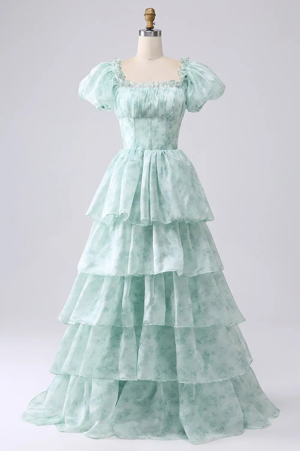 Romantic A-Line Square Neck Puff Sleeve Closed Back Floor Length Prom Dress