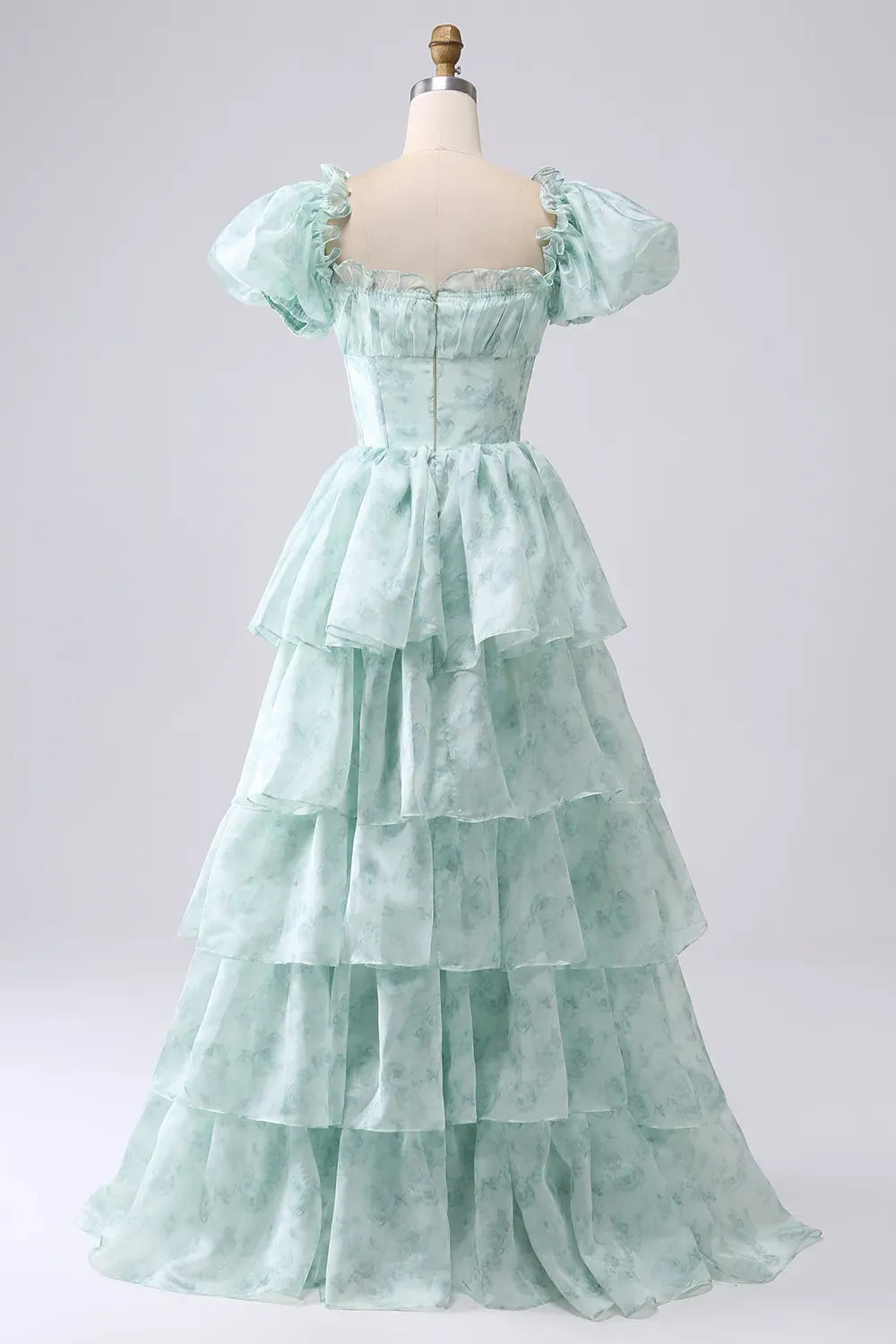 Romantic A-Line Square Neck Puff Sleeve Closed Back Floor Length Prom Dress