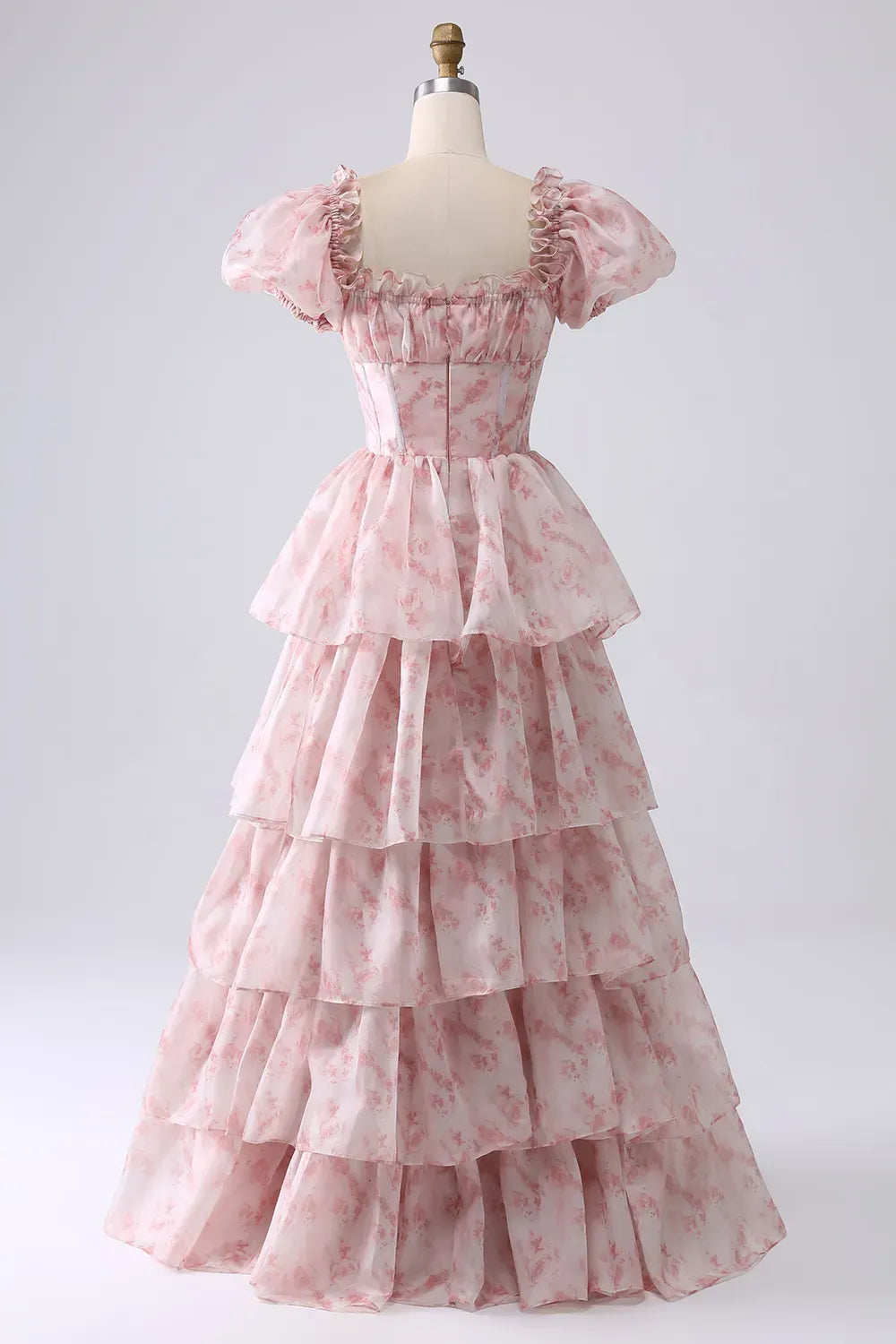 Romantic A-Line Square Neck Puff Sleeve Closed Back Floor Length Prom Dress