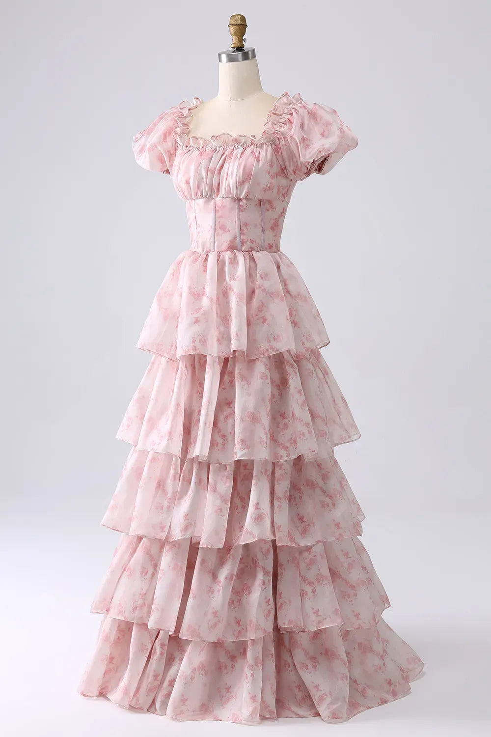Romantic A-Line Square Neck Puff Sleeve Closed Back Floor Length Prom Dress