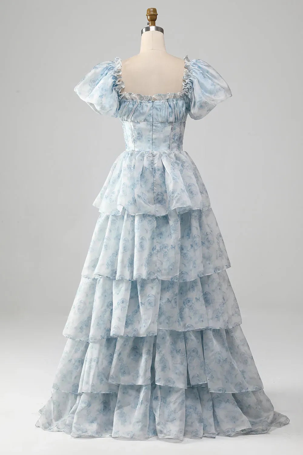 Romantic A-Line Square Neck Puff Sleeve Closed Back Floor Length Prom Dress
