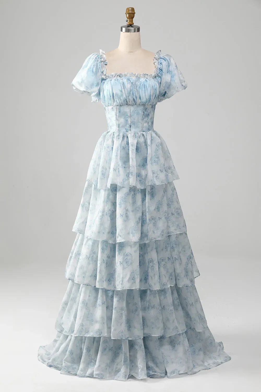 Romantic A-Line Square Neck Puff Sleeve Closed Back Floor Length Prom Dress
