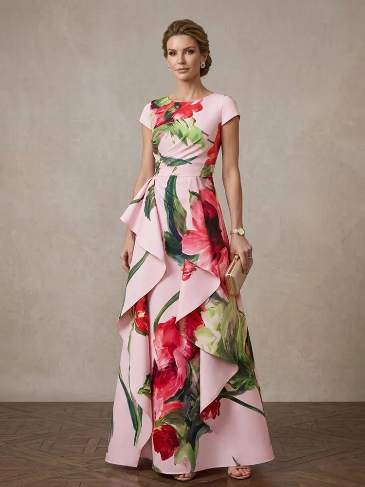 Loverlm blush pink floral Mother of the Bride dress with cap sleeves asymmetric ruffle overlay and floor-length A-line silhouette