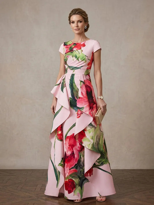 Loverlm blush pink floral Mother of the Bride dress with cap sleeves asymmetric ruffle overlay and floor-length A-line silhouette