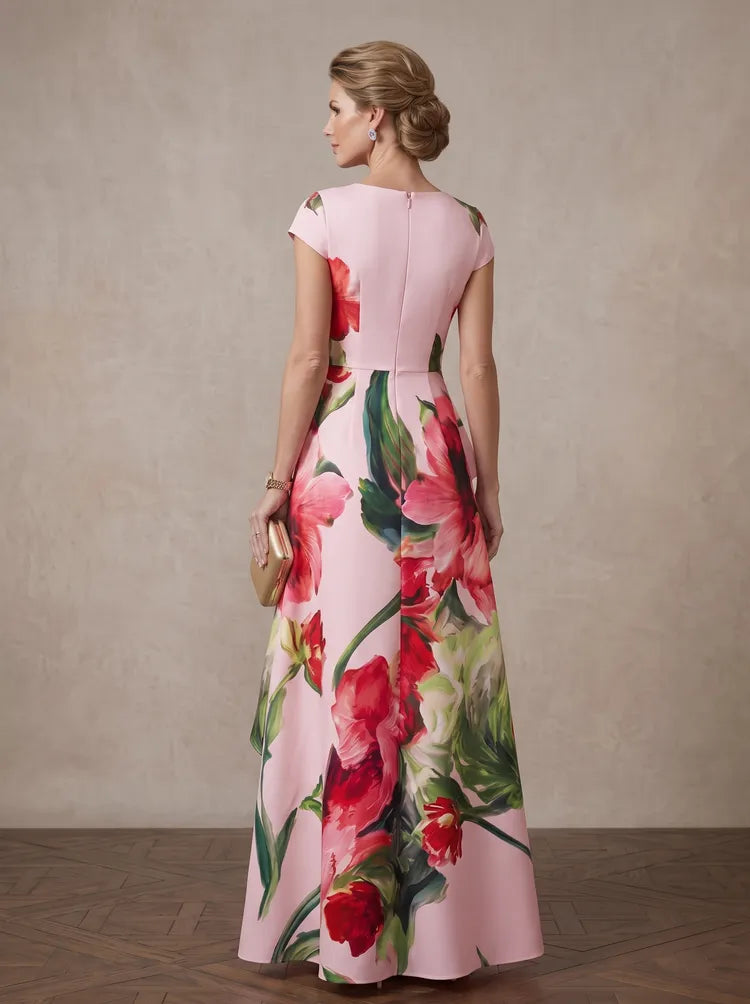 Elegant A-Line Bateau-Neck Cap-Sleeve Floral Floor-Length Mother of the Bride Dress
